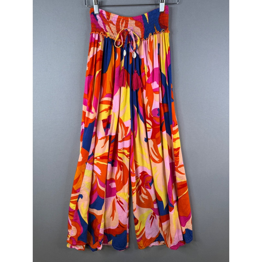 True Destinations Wide‎ Leg Pants Womens M Floral Boho Rayon Tropical Resortwear